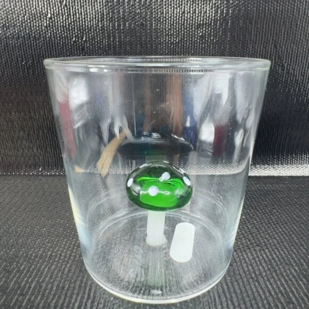 Clear Thin Glass‎ Cup BarWare Tumbler With Green White Mushroom Inside Attached